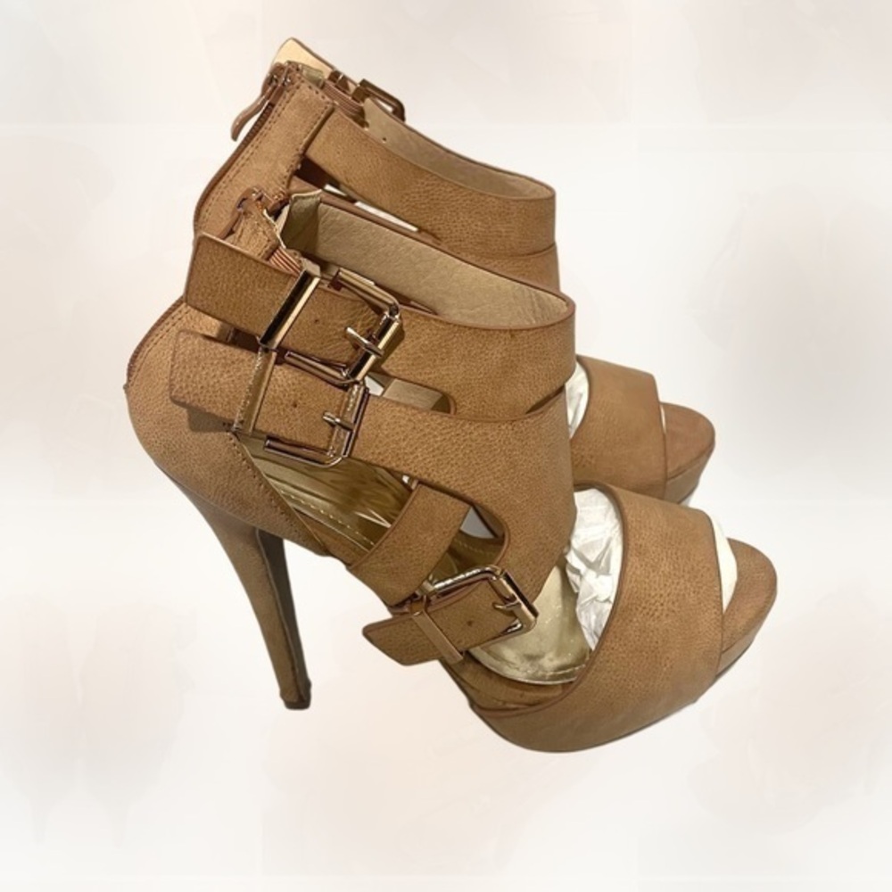 CATHY DIN  tan caged peep toe platform heels size 7.5